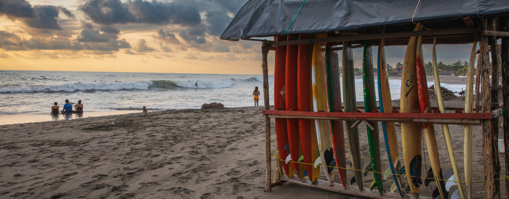 Surfboard rack on the beach